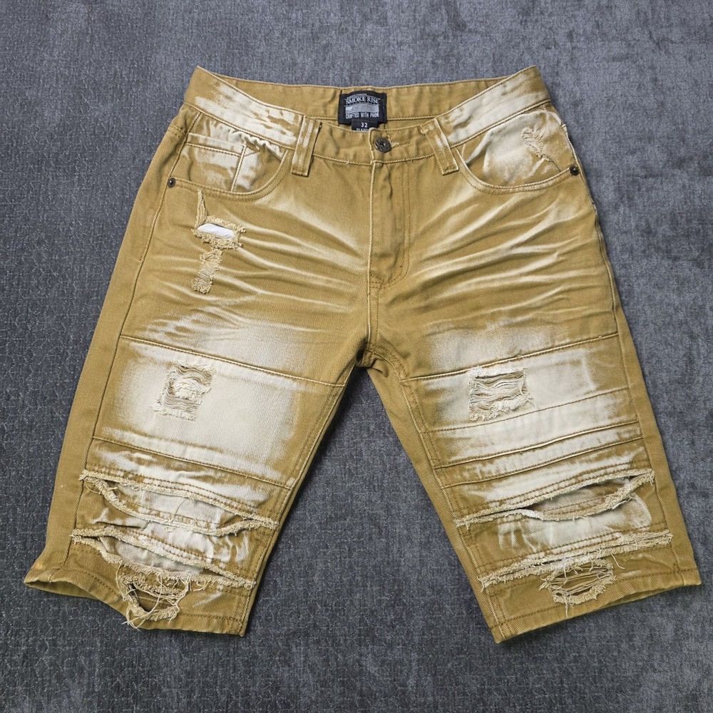 Smoke Rise Denim Shorts Mens 32 Distressed Ribbed Jorts Khaki Tan 13" Inseam